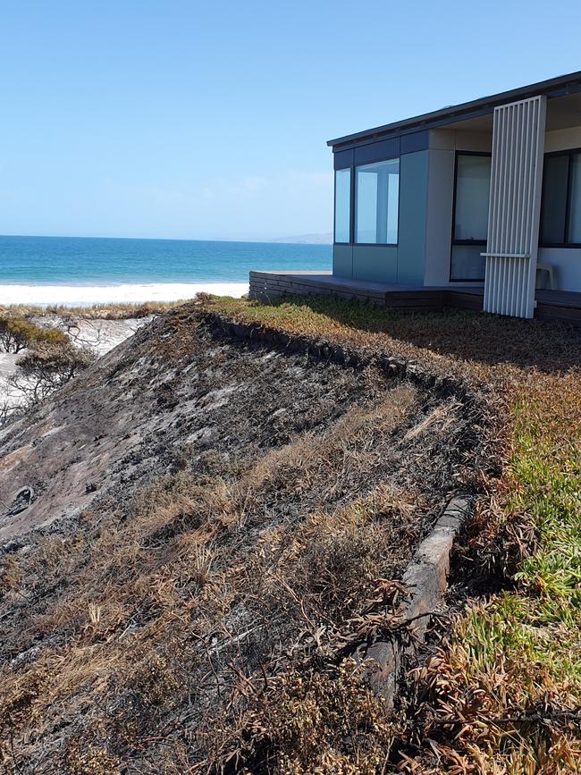 Dolphin Sands bushfire images show fire-retardant garden plants have broken up the spread of fire through grassy areas. In other examples adequate separation of properties from grassland and scrub has prevented homes from being impacted. Picture: Tasmania Fire Service