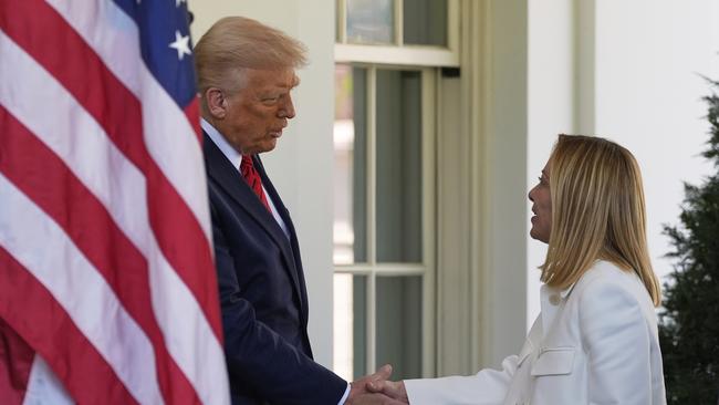 President Donald Trump greets Italy's Prime Minister Giorgia Meloni at the White House on Thursday. Picture: AP /Alex Brandon