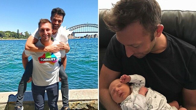 Ian Thorpe with partner Ryan Channing (left) and holding the latest member of his family as a proud uncle (right).