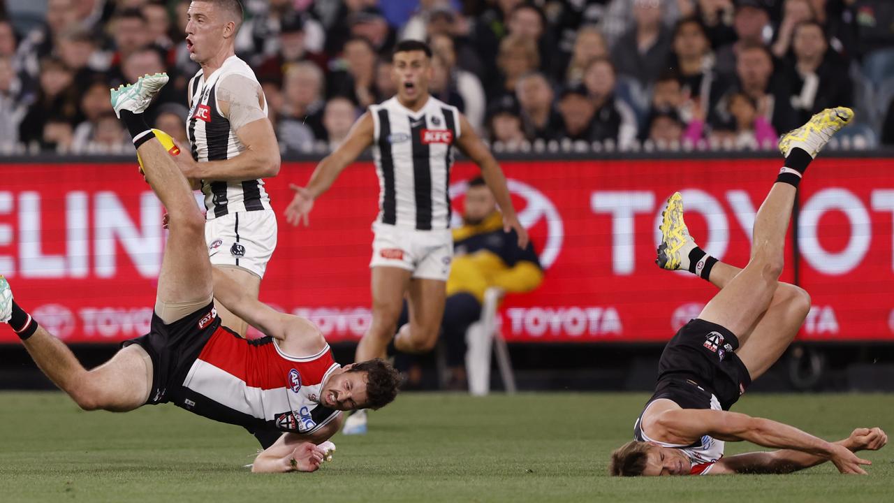 Mason Wood knocked out cold after this collision. (Photo by Darrian Traynor/Getty Images)