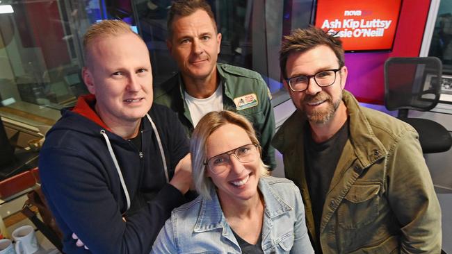 25/08/2021 : (L-R) Luttsy, Ash, Kip and Susie O'Neill (Ashley Bradnam, Kip Wightman, David "Luttsy" Lutteral) are leading the breakfast ratings in Brisbane for their show on Nova FM, here inside their studio in Teneriffe, Brisbane. Lyndon Mechielsen/The Australian