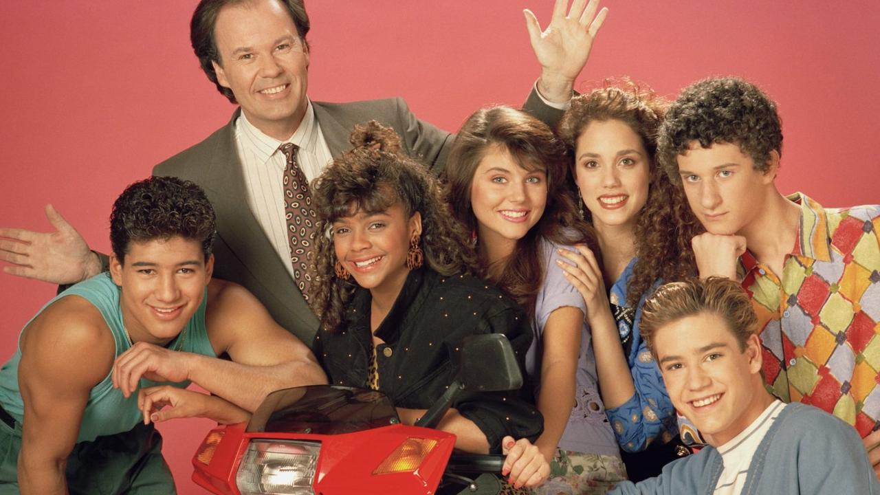 Saved By the Bell cast (from left to right): Mario Lopez, Dennis Haskins, Lark Voorhies, Tiffani Thiessen, Elizabeth Berkley, Mark-Paul Gosselaar and Dustin Diamond.