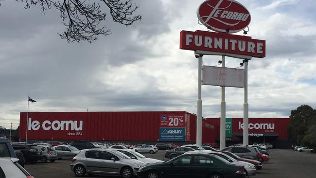 The Le Cornu furniture warehouse on Anzac Highway, Keswick, with its trademark sign.