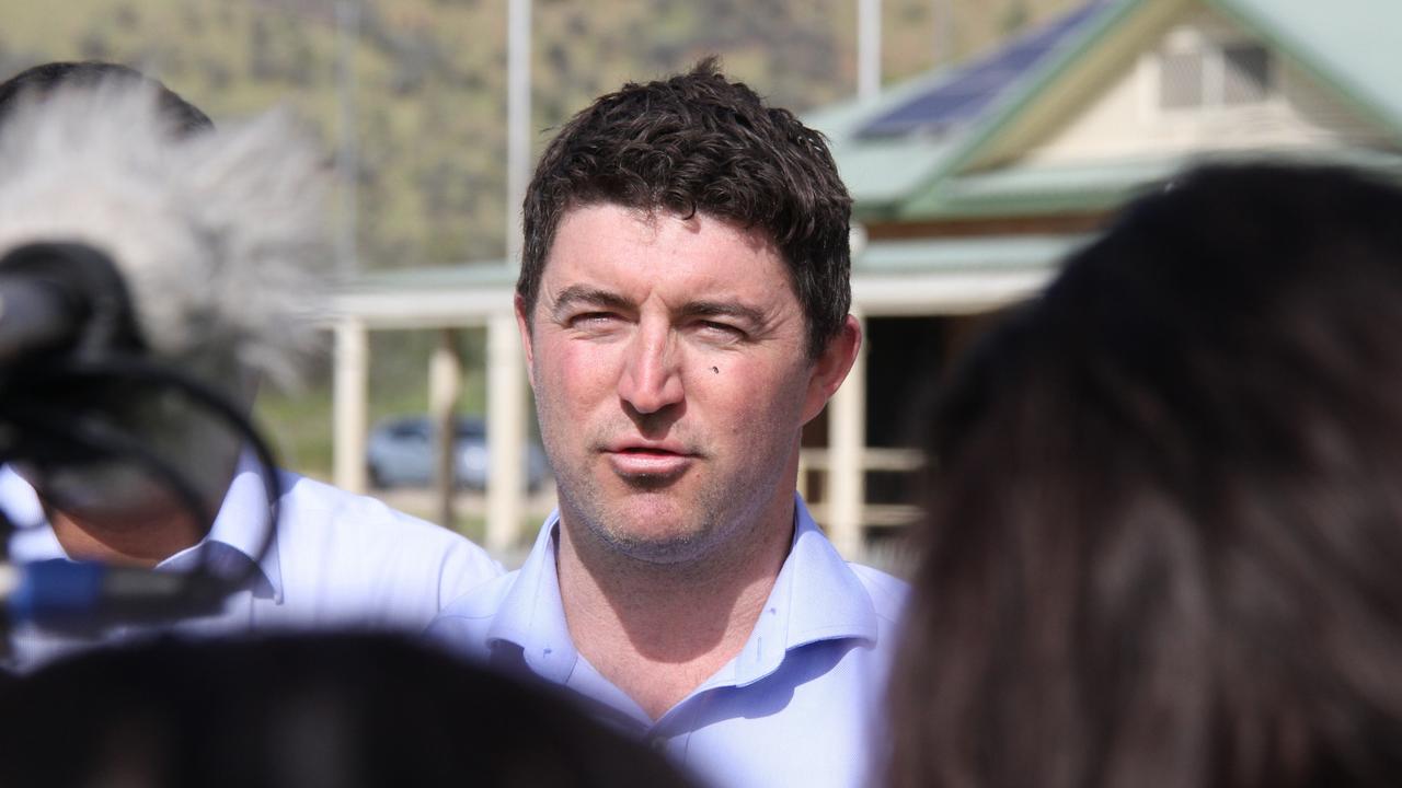 NT planning minister Josh Burgoyne speaks to media at Albrecht Oval, Larapinta, Alice Springs, May 2, 2025. Picture: Gera Kazakov