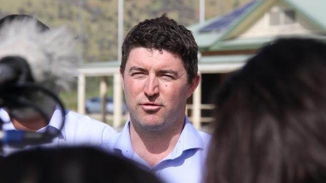 NT planning minister Josh Burgoyne speaks to media at Albrecht Oval, Larapinta, Alice Springs, May 2, 2025. Picture: Gera Kazakov