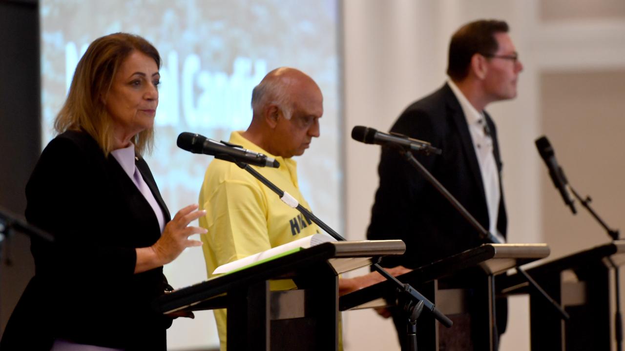 Mayoral candidates incumbent Jenny Hill, Harry Patel and Troy Thompson. Picture: Evan Morgan