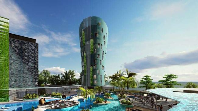 An artist's impression of billionaire Syrian developer Ghassan Aboud's planned $100 million redevelopment of the Rydges Tradewinds hotel on the Cairns Esplanade.