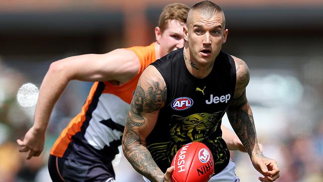 Dustin Martin powers clear of congestion in Richmond’s pre-season clash with GWS.