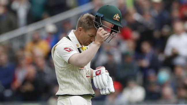 Australia's David Warner leaves the field after being dismissed during day one of the fourth Ashes Test cricket match between England and Australia at Old Trafford in Manchester, England, Wednesday Sept 4, 2019. (AP Photo/Rui Vieira)