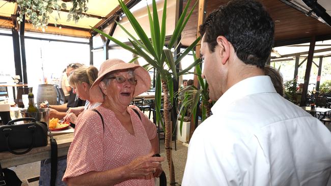 LNP leader David Crisafulli speaking to a Redcliffe voter during a street walk. Picture: Liam Kidston