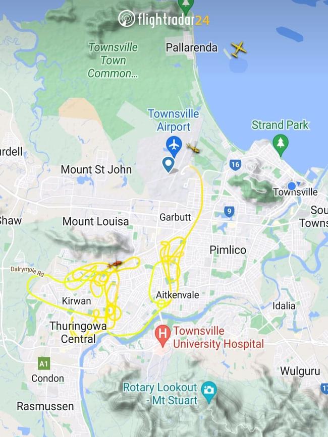 The QGAir Rescue Helicopter circled Townsville targeting car thieves on Monday morning. Picture: Flightradar.