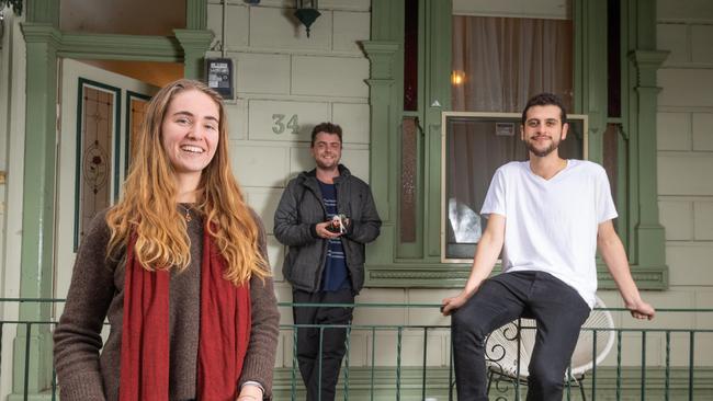 Renters Emily Trewin, Steven Greenstein, and Sasha Soibelman at their Abbotsford home. Picture: Jason Edwards