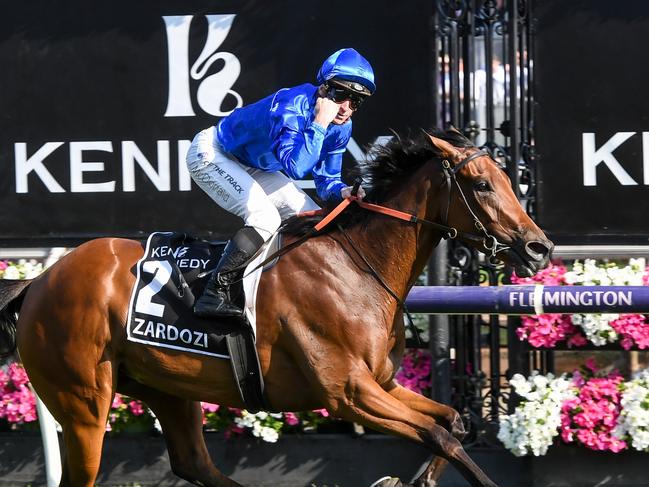 Zardozi ridden by James McDonald wins the Kennedy Oaks at Flemington Racecourse on November 09, 2023 in Flemington, Australia. (Photo by Brett Holburt/Racing Photos via Getty Images)