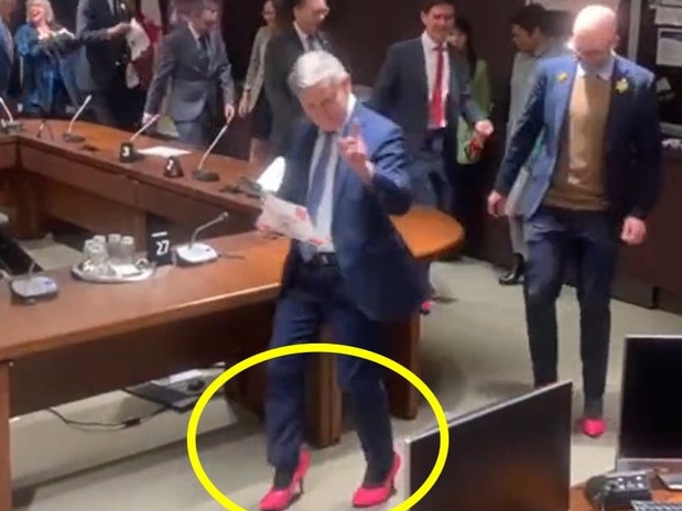 Male politicians parade around in pink heels