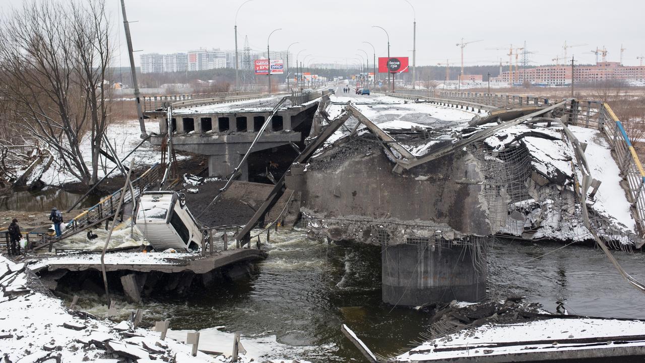 A view of a destroyed bridge on March 1, 2022 in Irpin, Ukraine. Picture: Anastasia Vlasova/Getty Images)