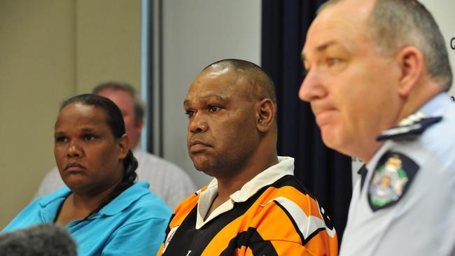 Delphine Broome and Daniel Williams are family members of deceased Oonoonba woman Peggy Jacobs. The couple spoke to the media to urge the public to come forward with any information into the hit and run death of Peggy. Inspector Brian Cannon is in the foreground of the photo.