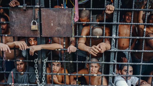 MS-13 gang members languish in one of the three ‘gang cages’ in the Quezaltepeque police station in San Salvador, El Salvador. Picture: Giles Clarke/Getty Images