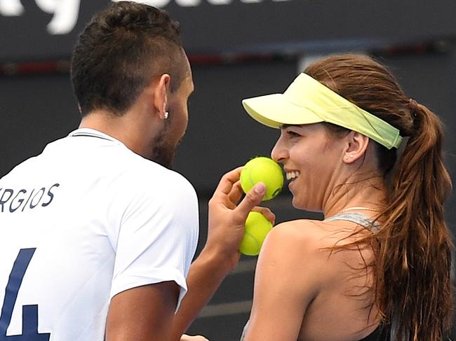 Australian tennis player Nick Kyrgios and his girlfriend Ajla Tomljanovic, also a tennis player, are seen during practice at Pat Rafter Arena in Brisbane, Wednesday, December 20, 2017. Kyrgios will compete in the Brisbane International tournament which runs from December 31 to January 7. (AAP Image/Dan Peled) NO ARCHIVING