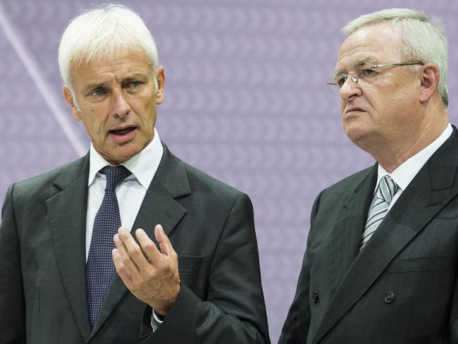 Former CEO of Volkswagen Martin Winterkorn who has resigned and Volkswagen board member and CEO of Porsche Matthias Mueller, who has taken his place. Picture: AFP