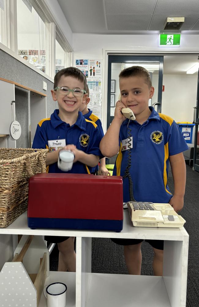 Fraser Moor and Sam Sali during their first week of prep at Bourchier St Primary School in Shepparton. Picture. Abby Walter