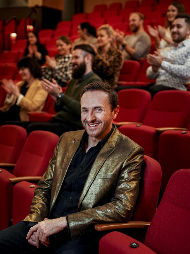 State Theatre Company artistic director Mitchell Butelin with a “socially distanced” crowd in Her Majesty’s Theatre. Picture: Mike Burton