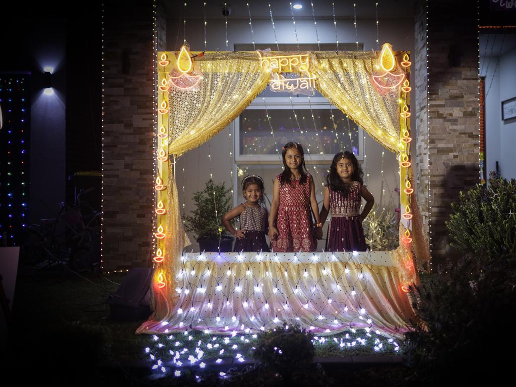 Children posed for a photo during a Diwali light show on Phantom Street, Nirimba Fields. The ‘Festival of Lights’ celebrates the victory of light over darkness and good over evil. Residents of Western Sydney, home to a large Indian expat community, have made Phantom Street famous for its Diwali displays, with hopes of keeping the Blacktown Council award for best lights. Picture: Getty