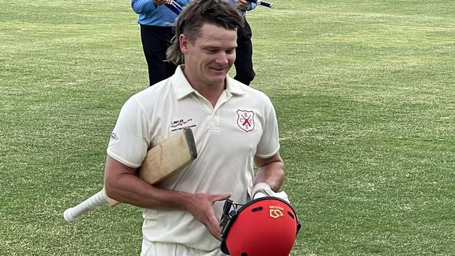 Jordan Wyatt walks off after his dazzling century for Springvale South. Pic: Kevin Murphy