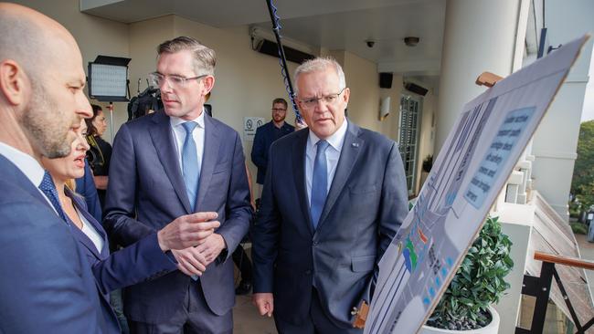 Scott Morrison, right, and NSW Premier Dominic Perrottet at the Epping Road Bridge announcement on May 10. Picture: Jason Edwards