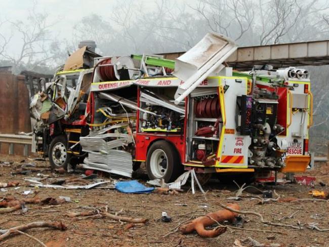 A fire truck that attended the accident was reduced to twisted wreckage. Pic: Queensland Police Service