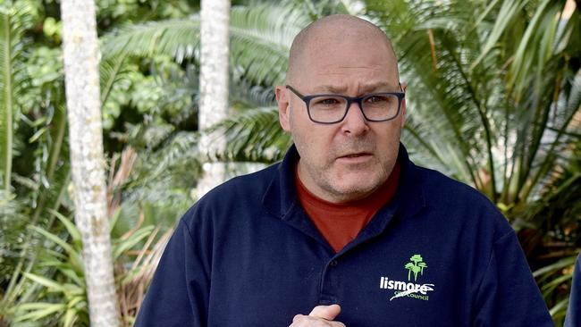 Lismore mayor Steve Krieg talks to the press about the toll of delayed grants on the flood recovery, May 24, 2022. Picture: Tessa Flemming