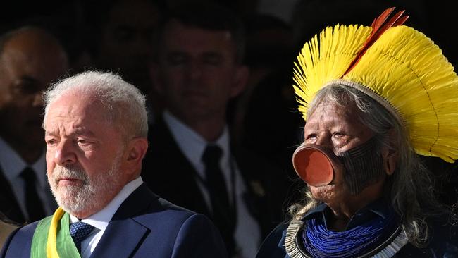 Luiz Inacio Lula da Silva after receiving the presidential sash from indigenous leader and environmentalist Raoni Metuktire in january last year. Picture: AFP