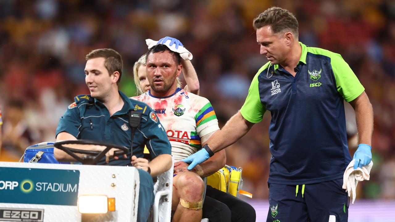 Broncos fans booed a bloodied Jordan Rapana as he was carted off the field following a sickening collision. Picture: Getty Images.