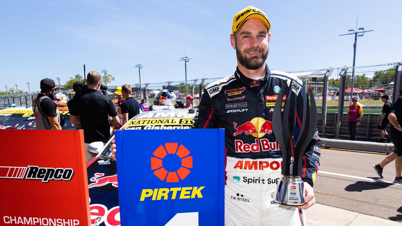 Shane van Gisbergen celebrates his victory during race 2 of the Darwin Triple Crown at Hidden Valley Raceway on June 20, 2021. Photo: Getty Images