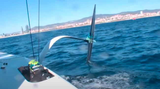 Screengrab of plastic caught on a foil during the Youth America's Cup