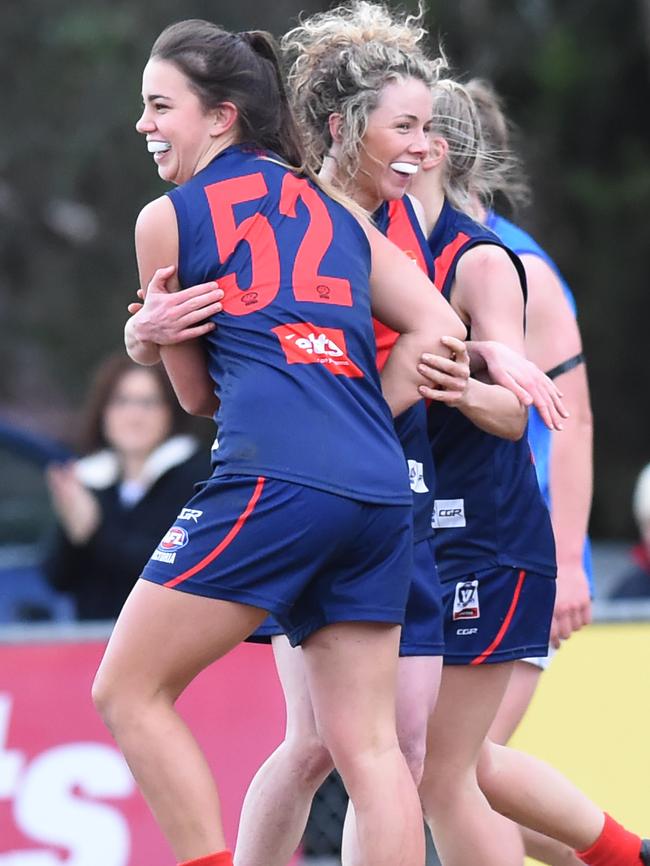 Chloe Molloy celebrates a goal against VU Western Spurs in VFL Women’s. Picture: Lawrence Pinder.