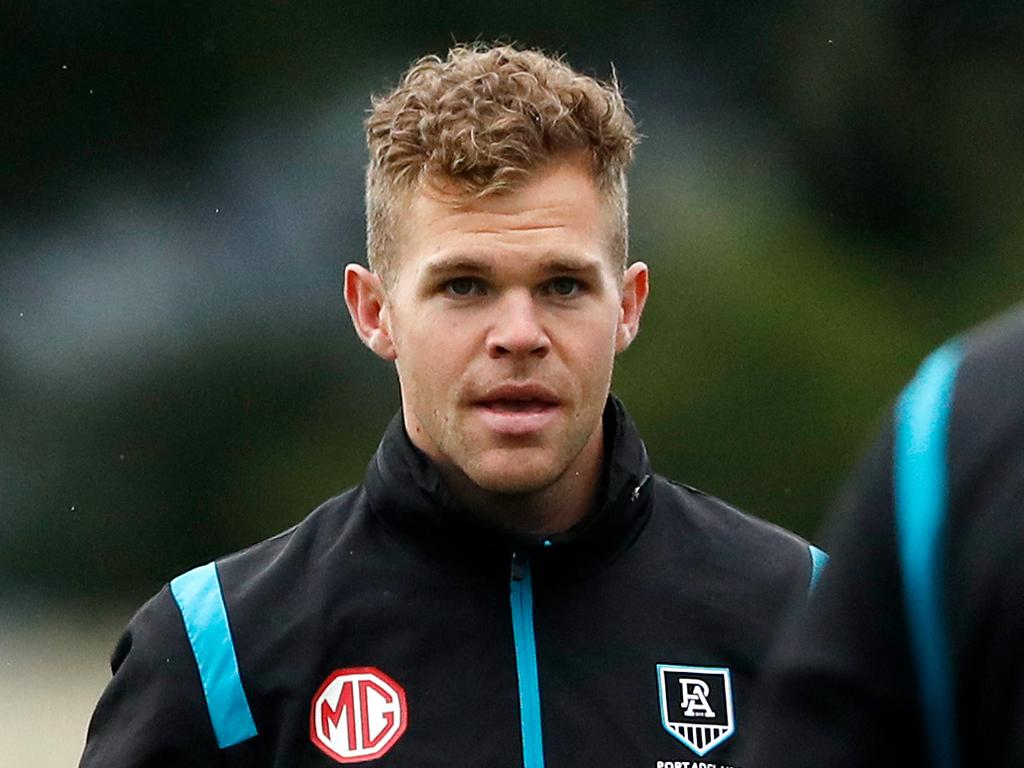 HOBART, AUSTRALIA - MAY 14: Dan Houston of the Power looks on during the 2022 AFL Round 09 match between the North Melbourne Kangaroos and the Port Adelaide Power at Blundstone Arena on May 14, 2022 in Hobart, Australia. (Photo by Dylan Burns/AFL Photos via Getty Images)