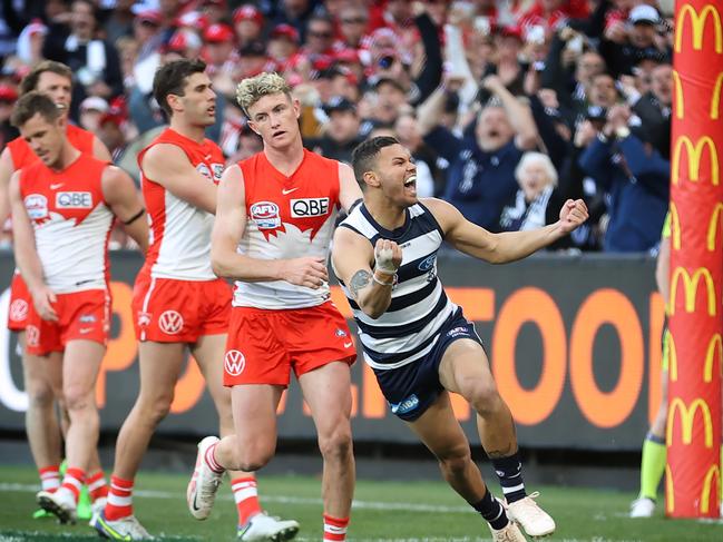 Brandan Parfitt celebrates a goal in the 2022 AFL grand final. Picture: David Caird