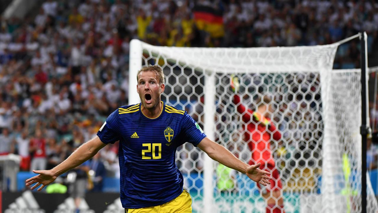 Sweden's forward Ola Toivonen celebrates scoring against Germany at the World Cup