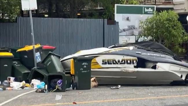 A trail of carnage was left behind after Mr Chamoun allegedly attempted to evade police arrest, crashing an alleged stolen Nissan Patrol into numerous parked cars and a police vehicle. Picture: 9News