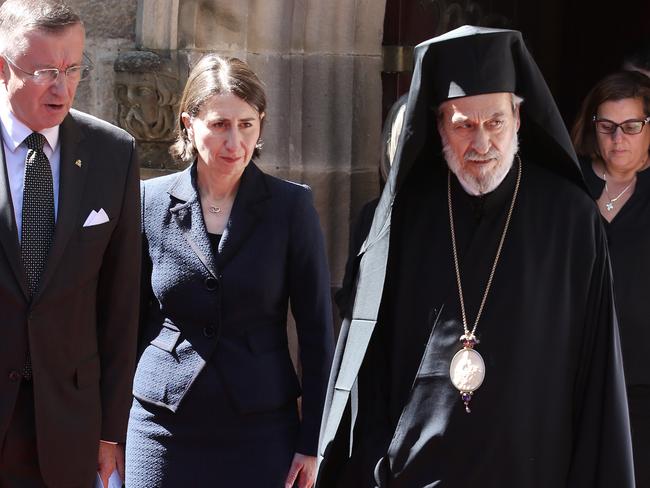 Premier Gladys Berejiklian and Bishop Seraphim of Apollonias at the funeral. Picture: Richard Dobson