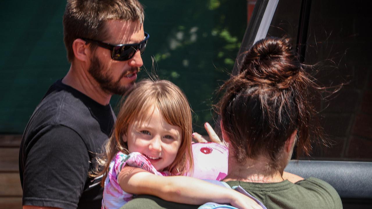 Cleo Smith, pictured with mother Ellie Smith and stepfather Jake Gliddon the day after her rescue. Picture: Colin Murty