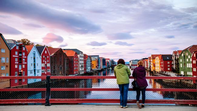 The old warehouses of Trondheim viewed from the city’s 17th-century bridge.