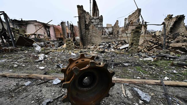 Debris of destroyed armoured vehicles is seen on a street in the town of Bucha. Picture: AFP