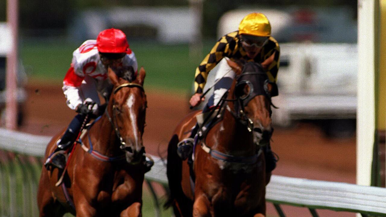 Racehorse Flying Spur (R) beats Saleous in race 5 Australian Guineas, Flemington 17/02/96 ridden jockey by Damien Oliver.  Turf A/CT