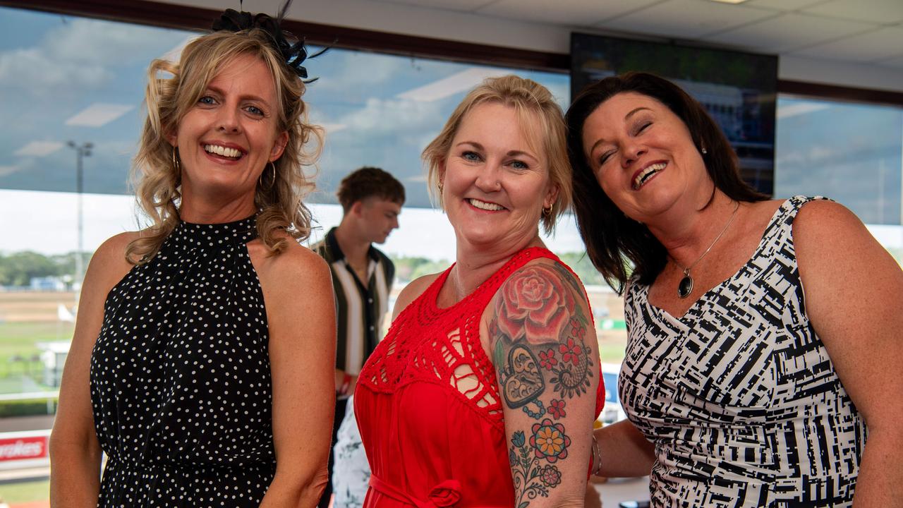 Kate Dunster, Sharon Brown and Peta Mellor at the 2024 Darwin Guineas kicking off the Darwin Cup Carnival. Picture: Pema Tamang Pakhrin