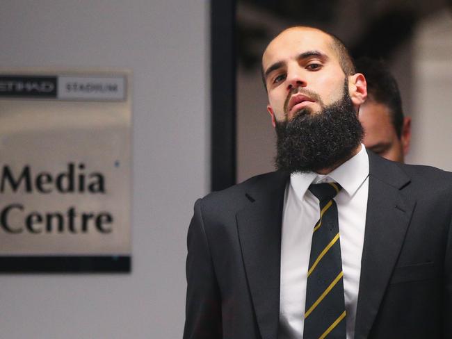 Bachar Houli leaves the AFL tribunal after receiving a two-week suspension for striking Jed Lamb. Picture: Getty Images