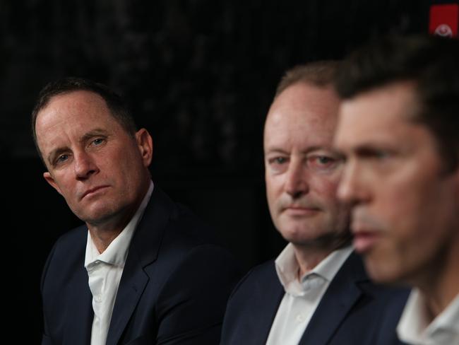 Crows Coach Don Pyke, Chairman Rob Chapman and CEO Andrew Fagan talk to media at a press conference at Adelaide Crows HQ in West Lakes about Don Pyke's decision to step down as Senior Coach of the Adelaide Football Club. (AAP/Emma Brasier)