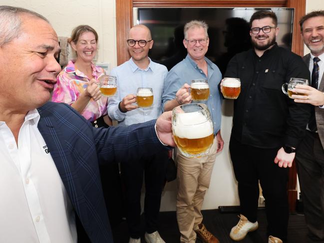 Mayor Tom Tate toasting and tasting the first ever local collaboration between award-winning brewers from the Czech RepublicÃ¢â¬â¢s state-owned brewery Budvar and the Gold CoastÃ¢â¬â¢s Burleigh Brewing Co. Left to right, Mayor Tom Tate , Peta Fielding, (Burleigh Brewing) Petr Kosin(Budvar), Brennan Fielding (Burleigh Brewing), Radim Zvanovec (Budvar) , and Cr Glenn Tozer. Picture Glenn Hampson