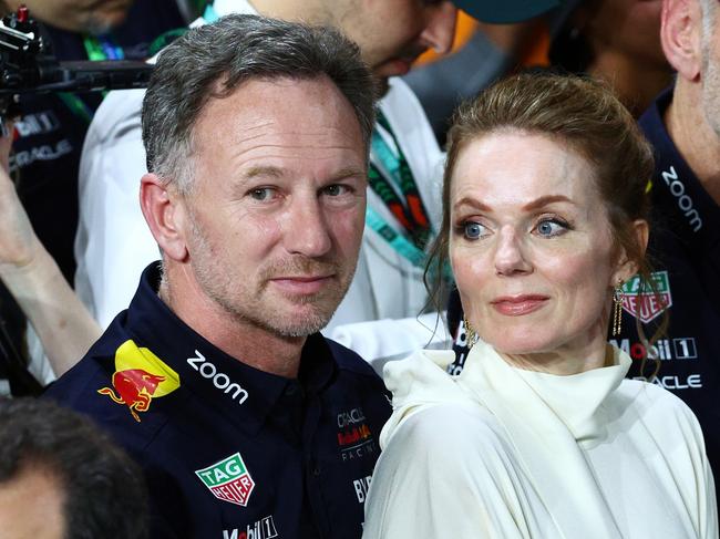 JEDDAH, SAUDI ARABIA - MARCH 09: Oracle Red Bull Racing Team Principal Christian Horner and Geri Horner react in parc ferme during the F1 Grand Prix of Saudi Arabia at Jeddah Corniche Circuit on March 09, 2024 in Jeddah, Saudi Arabia. (Photo by Clive Rose/Getty Images)