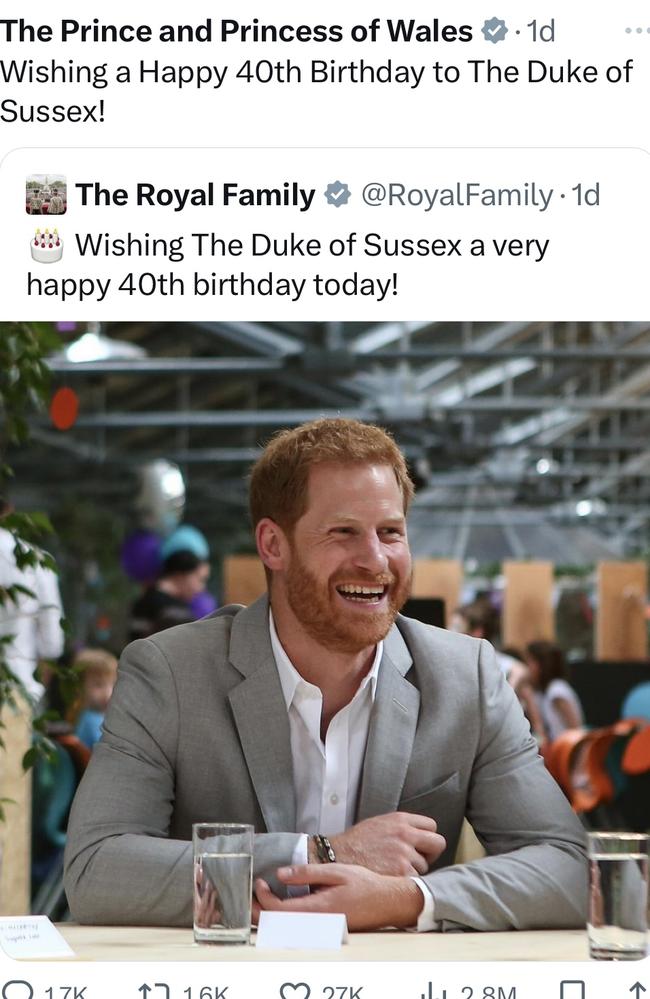 The royals shared birthday tributes to Harry. Picture: X